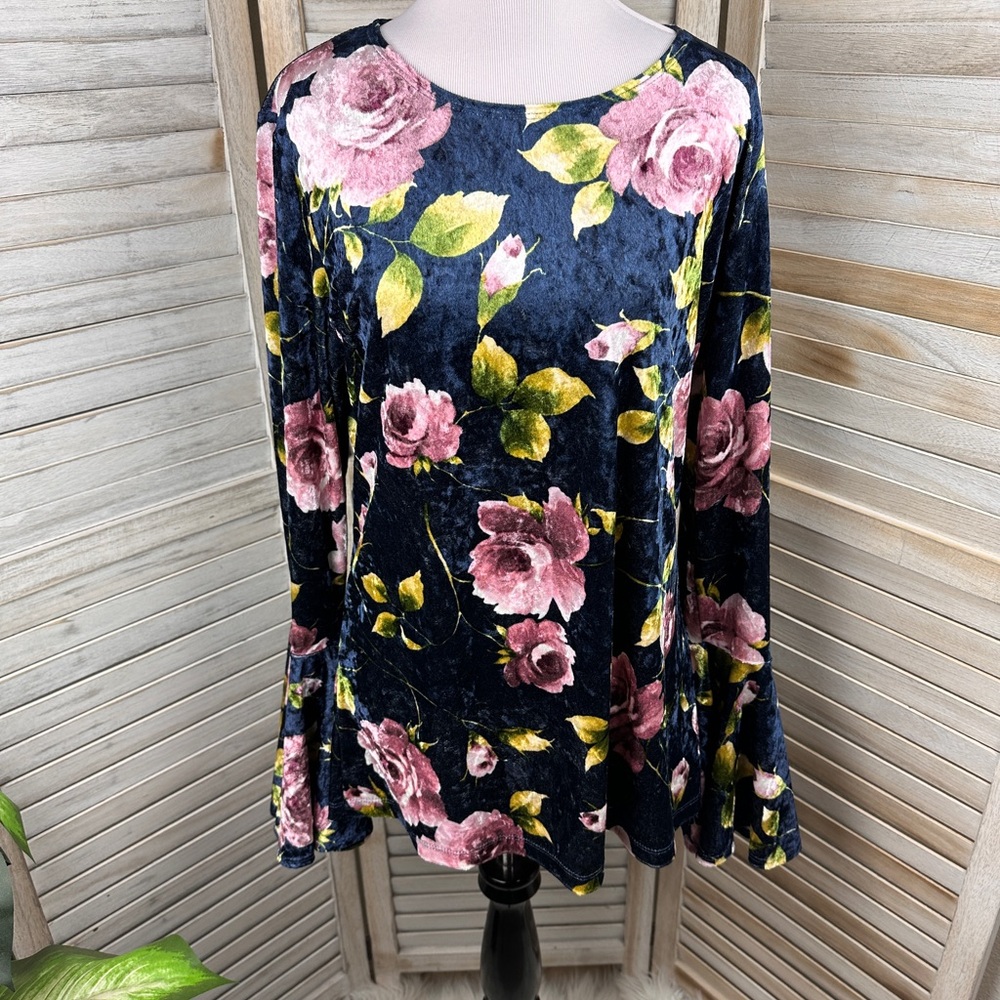 Boho Jane Blue Velveteen Pink Floral Bell Sleeve Whimsy Tunic Size Large